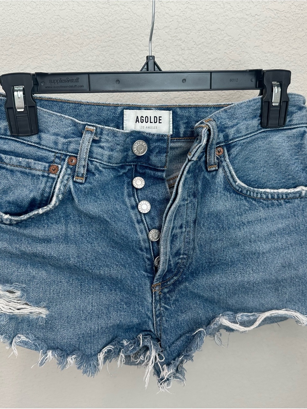 AGOLDE Light Blue Distressed High-Rise Button-Fly Jean Shorts - Picture 2 of 6